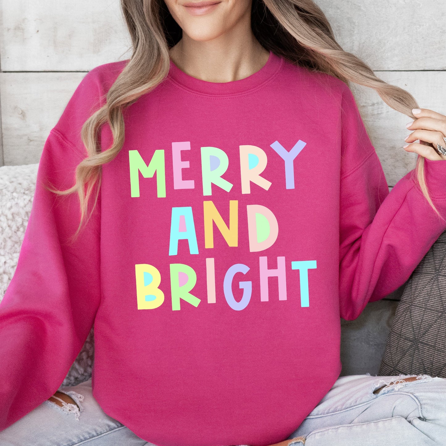 Merry And Bright Christmas Sweatshirt, Positivity, Funny, Sarcastic, Mom Gift, Xmas, Winter, Mental Health, Colorful, Pastel, Crewneck, Crew Neck Sweatshirt