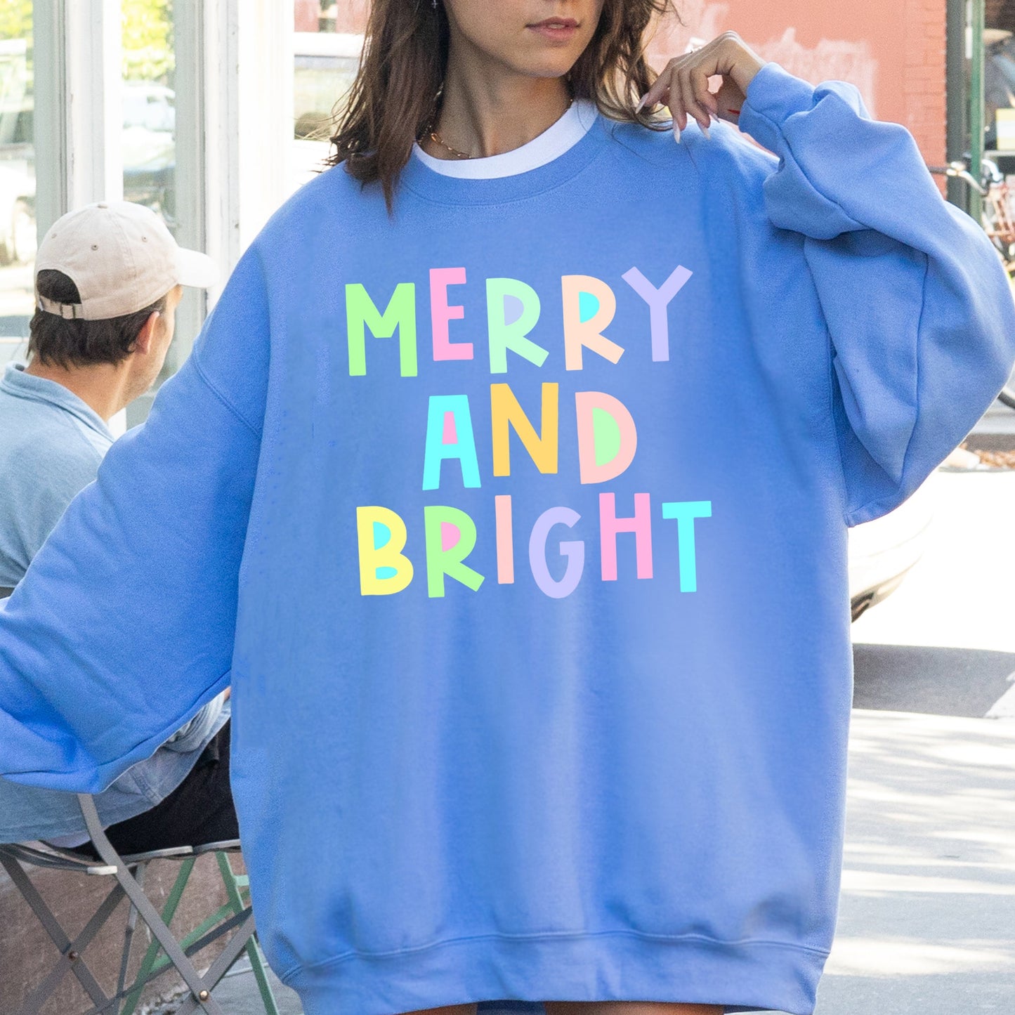 Merry And Bright Christmas Sweatshirt, Positivity, Funny, Sarcastic, Mom Gift, Xmas, Winter, Mental Health, Colorful, Pastel, Crewneck, Crew Neck Sweatshirt