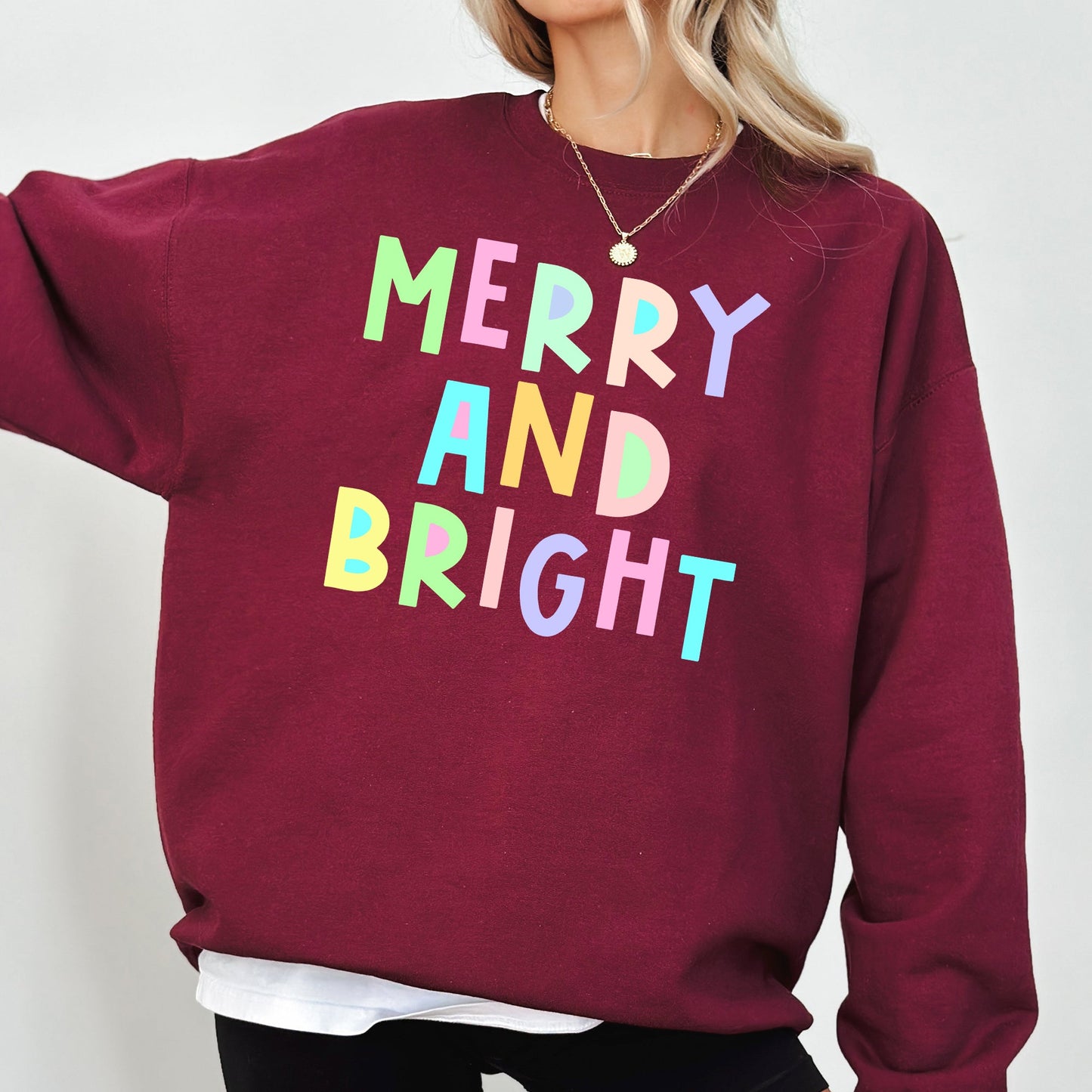 Merry And Bright Christmas Sweatshirt, Positivity, Funny, Sarcastic, Mom Gift, Xmas, Winter, Mental Health, Colorful, Pastel, Crewneck, Crew Neck Sweatshirt