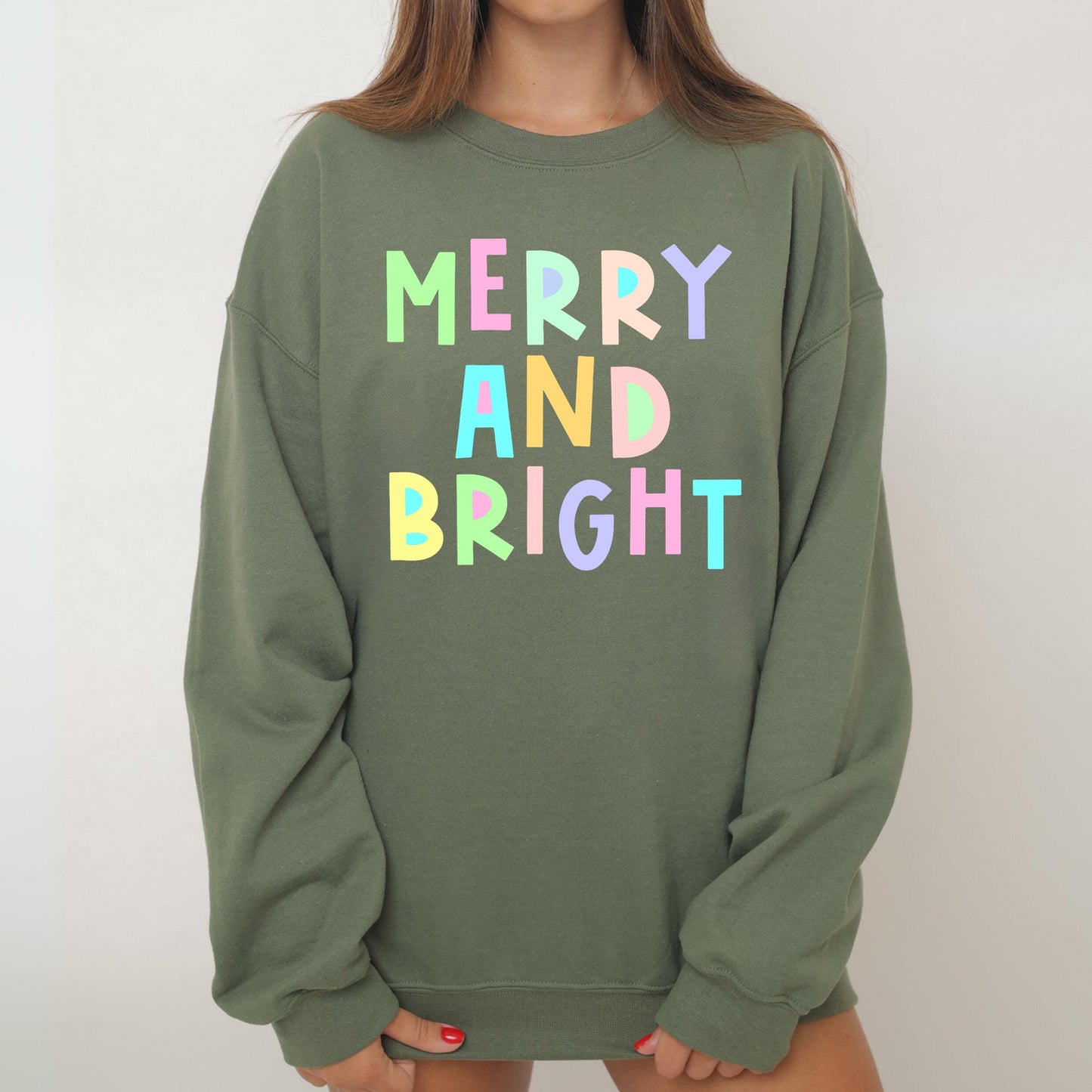 Merry And Bright Christmas Sweatshirt, Positivity, Funny, Sarcastic, Mom Gift, Xmas, Winter, Mental Health, Colorful, Pastel, Crewneck, Crew Neck Sweatshirt
