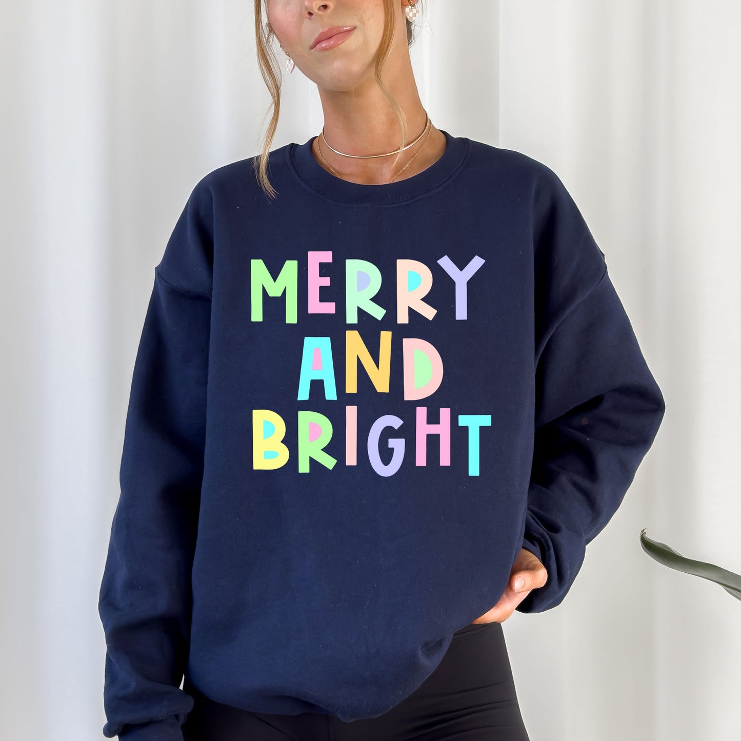 Merry And Bright Christmas Sweatshirt, Positivity, Funny, Sarcastic, Mom Gift, Xmas, Winter, Mental Health, Colorful, Pastel, Crewneck, Crew Neck Sweatshirt