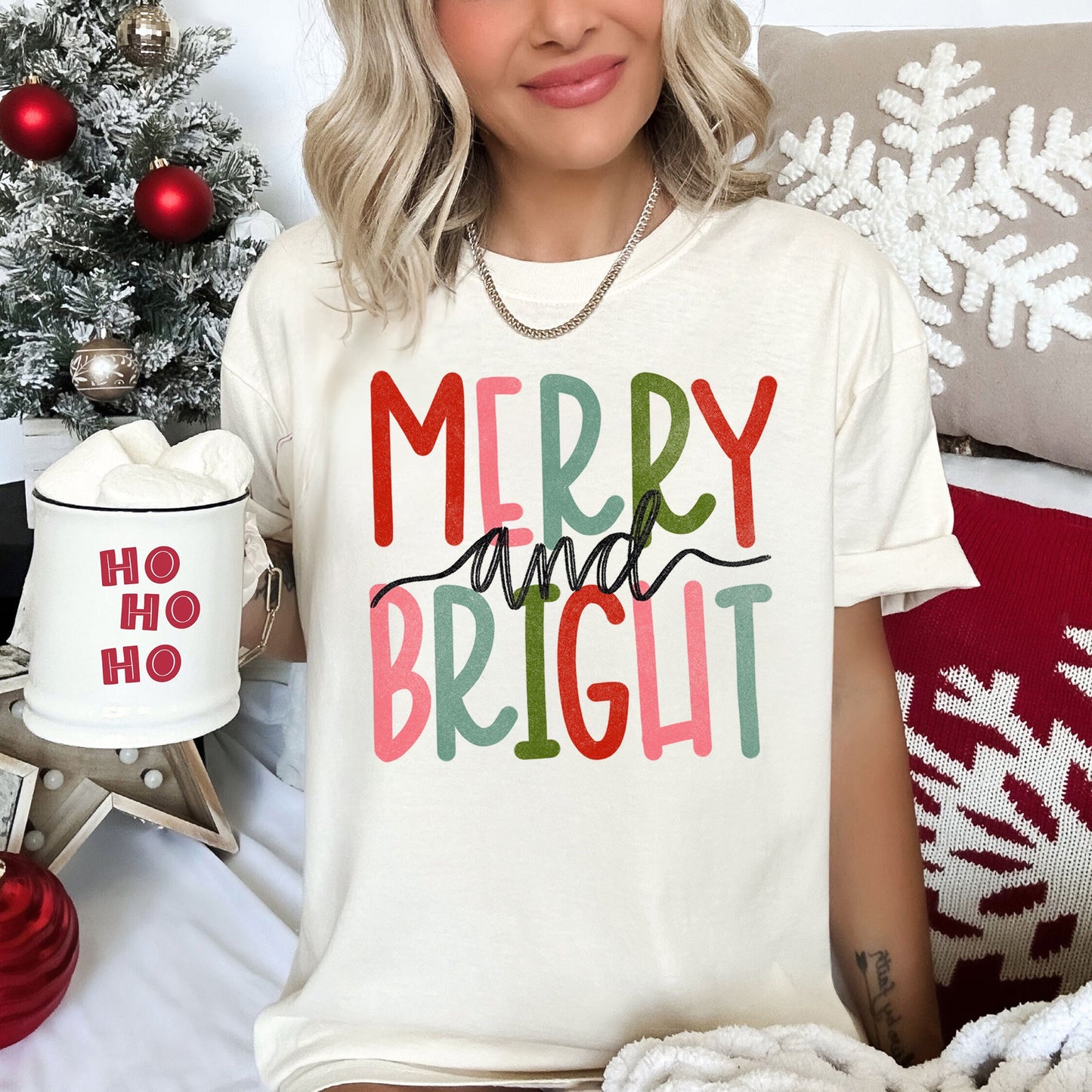 Merry And Bright Retro Text, Christmas, Comfort Colors, Tshirt