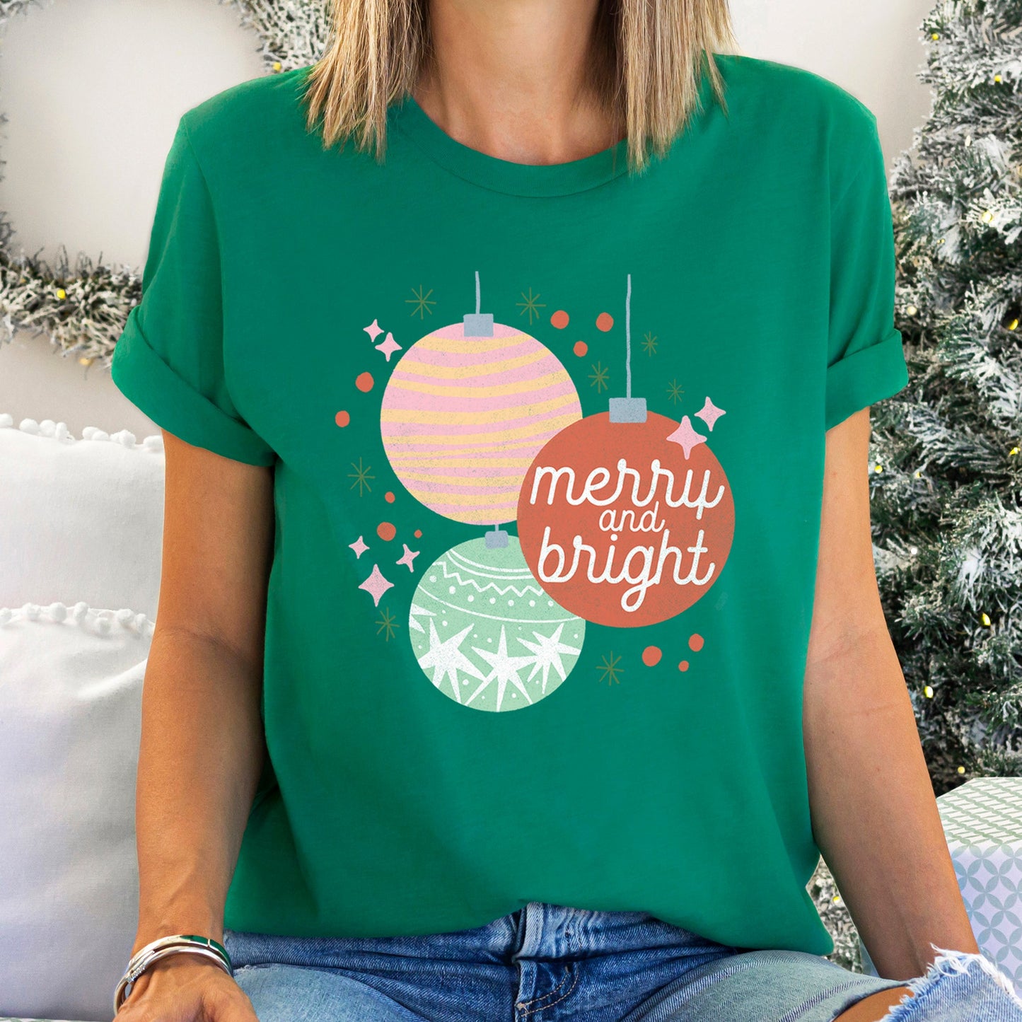 Merry And Bright, Pastel, Christmas Ornaments Super Soft Tees