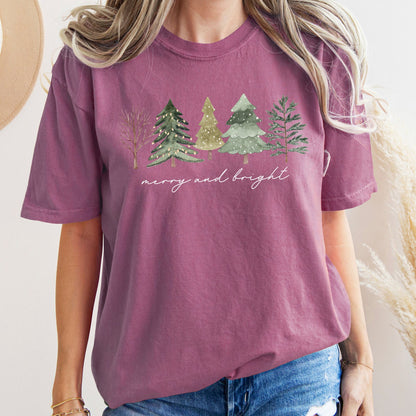 Merry And Bright, Watercolor Trees, Christmas, Comfort Colors, Tshirt