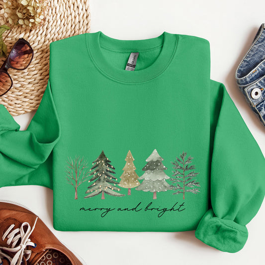Merry And Bright, Watercolor Trees, Christmas Sweatshirt