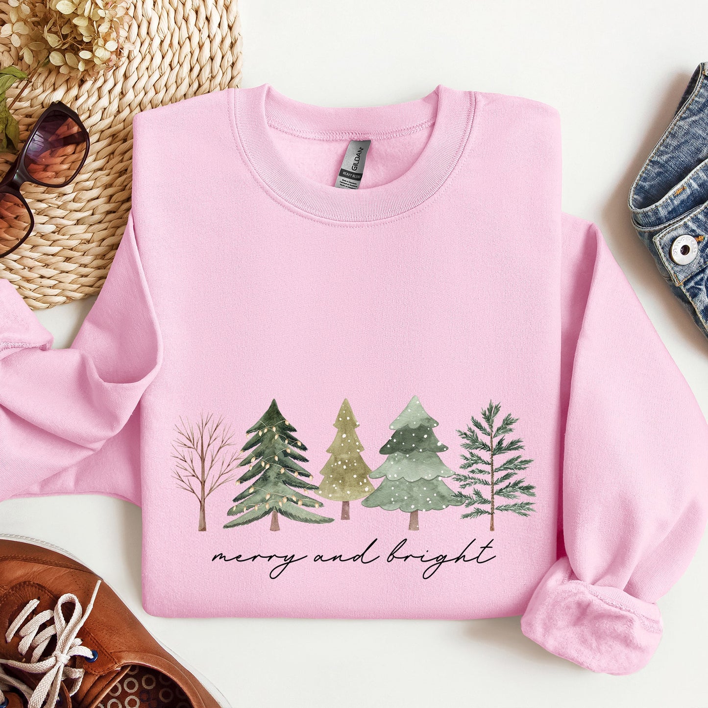 Merry And Bright, Watercolor Trees, Christmas Sweatshirt