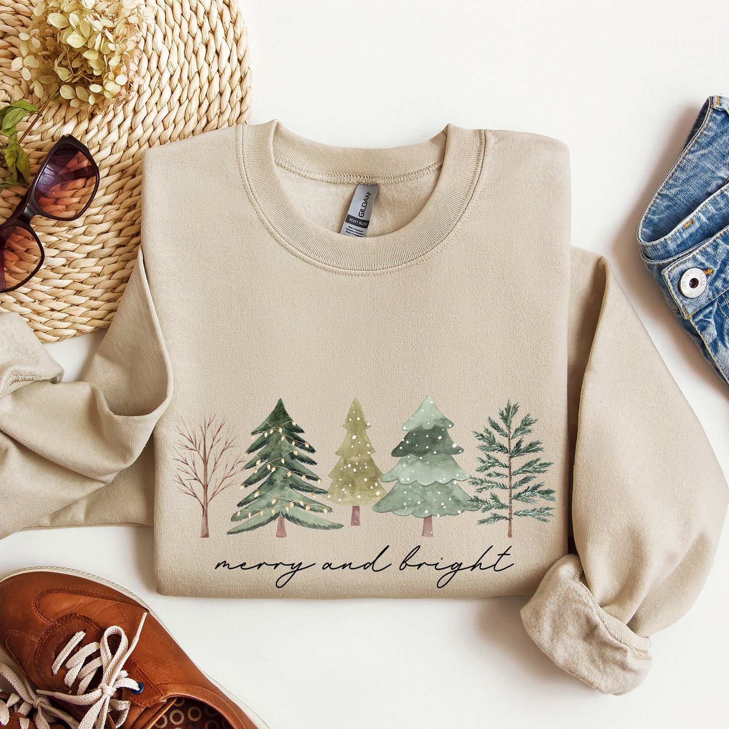 Merry And Bright, Watercolor Trees, Christmas Sweatshirt