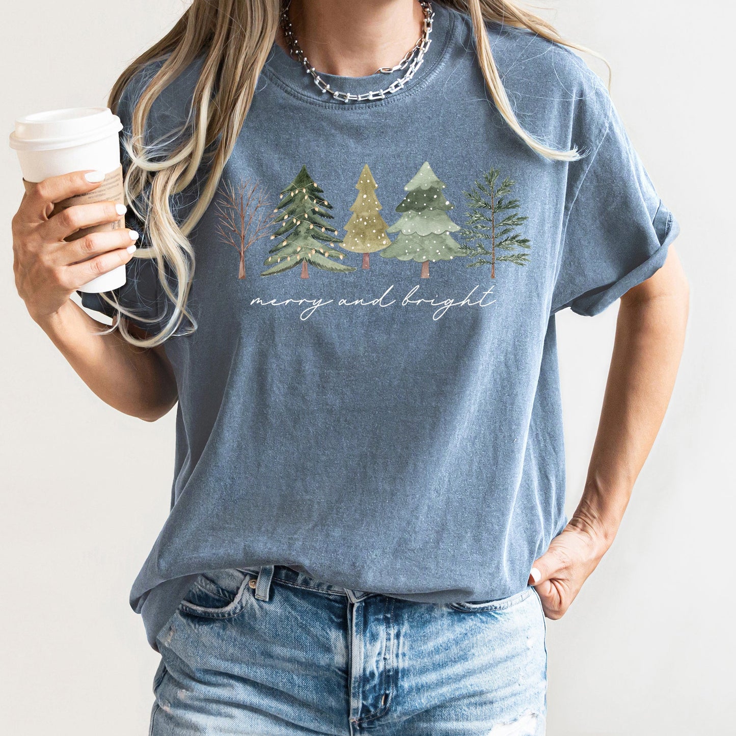 Merry And Bright, Watercolor Trees, Christmas, Comfort Colors, Tshirt