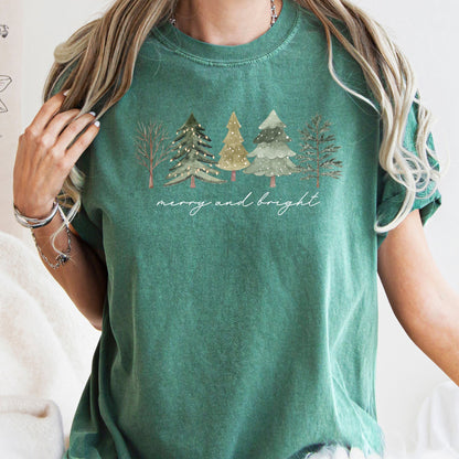 Merry And Bright, Watercolor Trees, Christmas, Comfort Colors, Tshirt