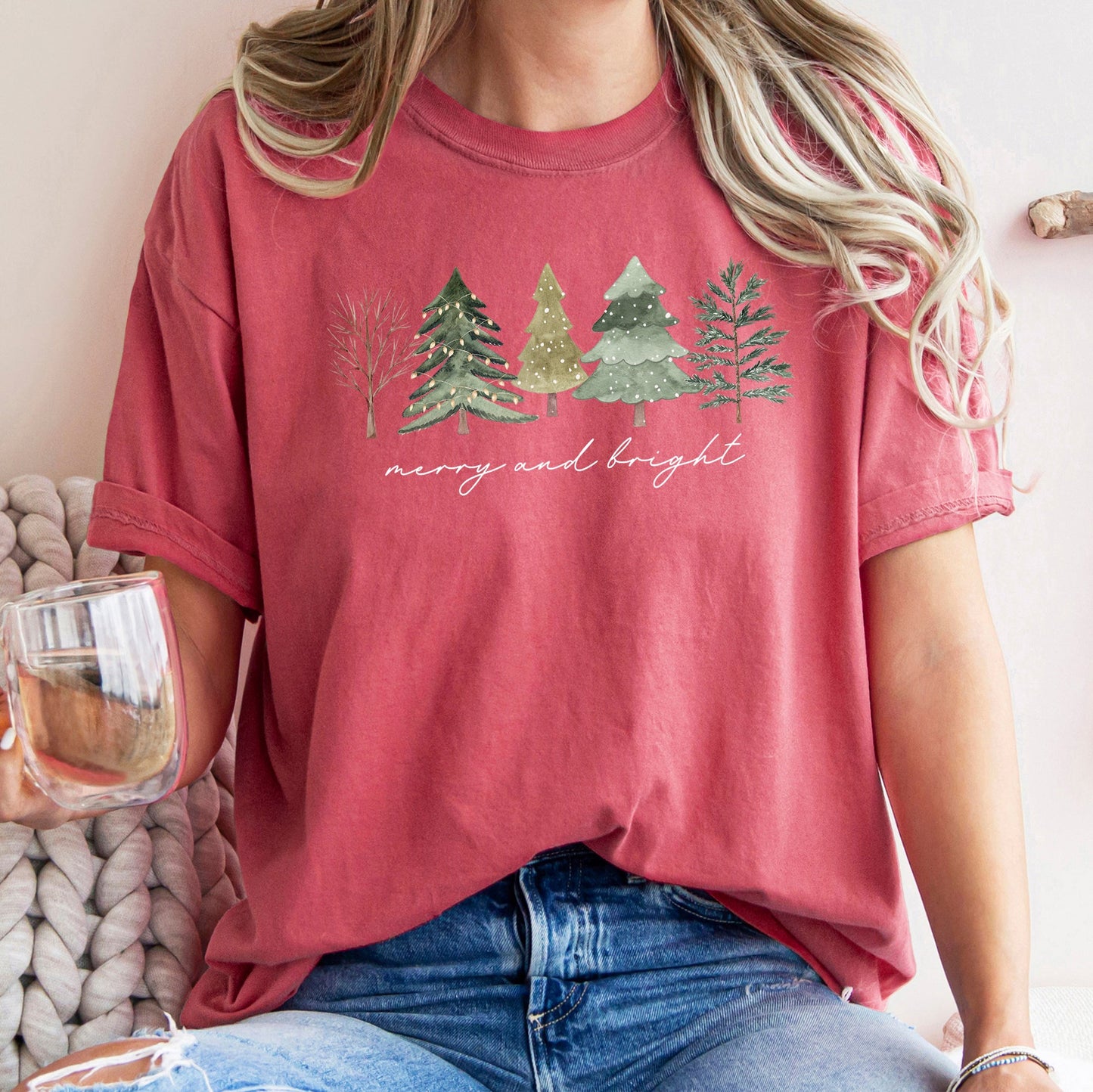 Merry And Bright, Watercolor Trees, Christmas, Comfort Colors, Tshirt