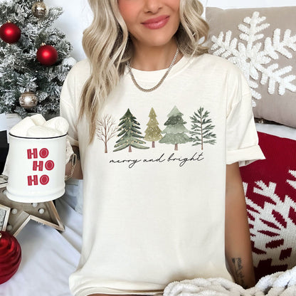 Merry And Bright, Watercolor Trees, Christmas, Comfort Colors, Tshirt