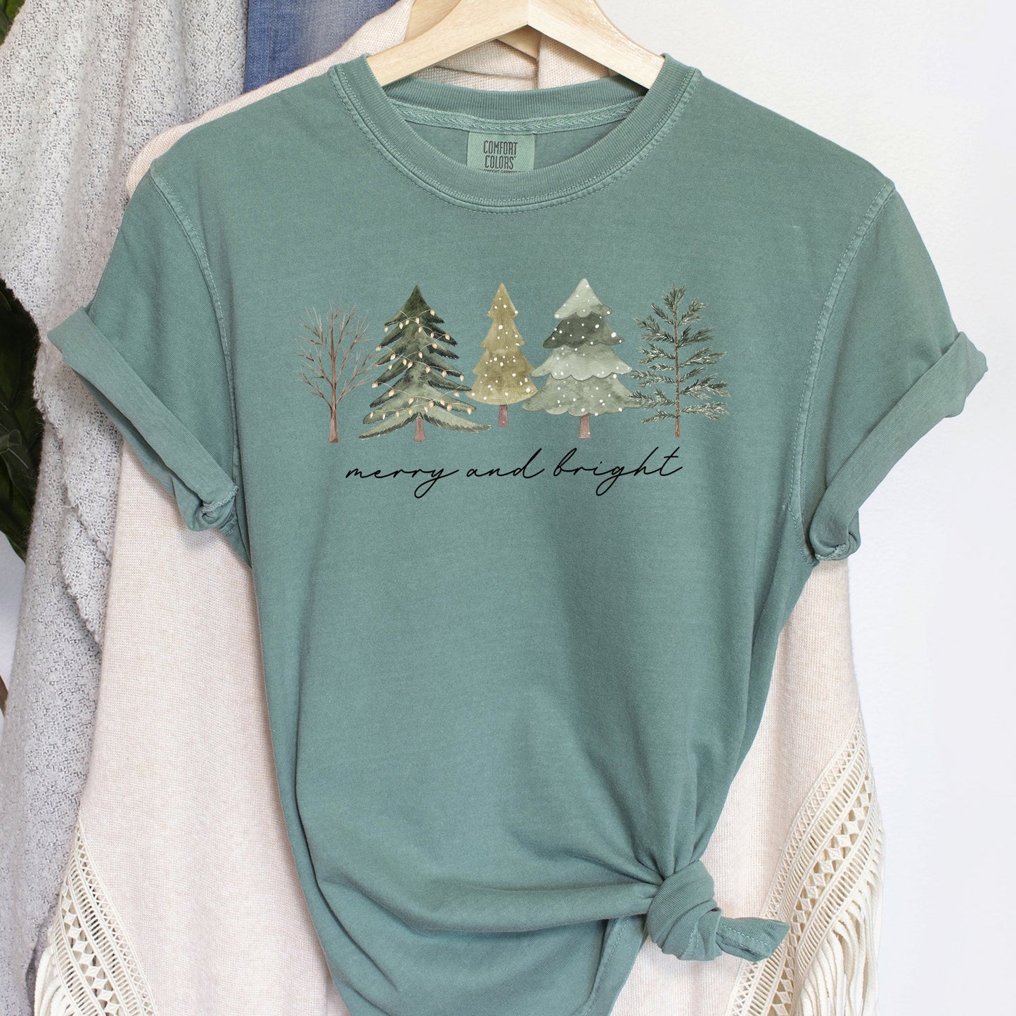 Merry And Bright, Watercolor Trees, Christmas, Comfort Colors, Tshirt