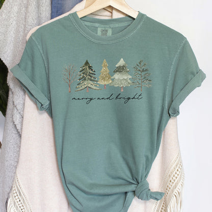 Merry And Bright, Watercolor Trees, Christmas, Comfort Colors, Tshirt