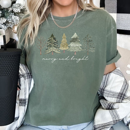 Merry And Bright, Watercolor Trees, Christmas, Comfort Colors, Tshirt