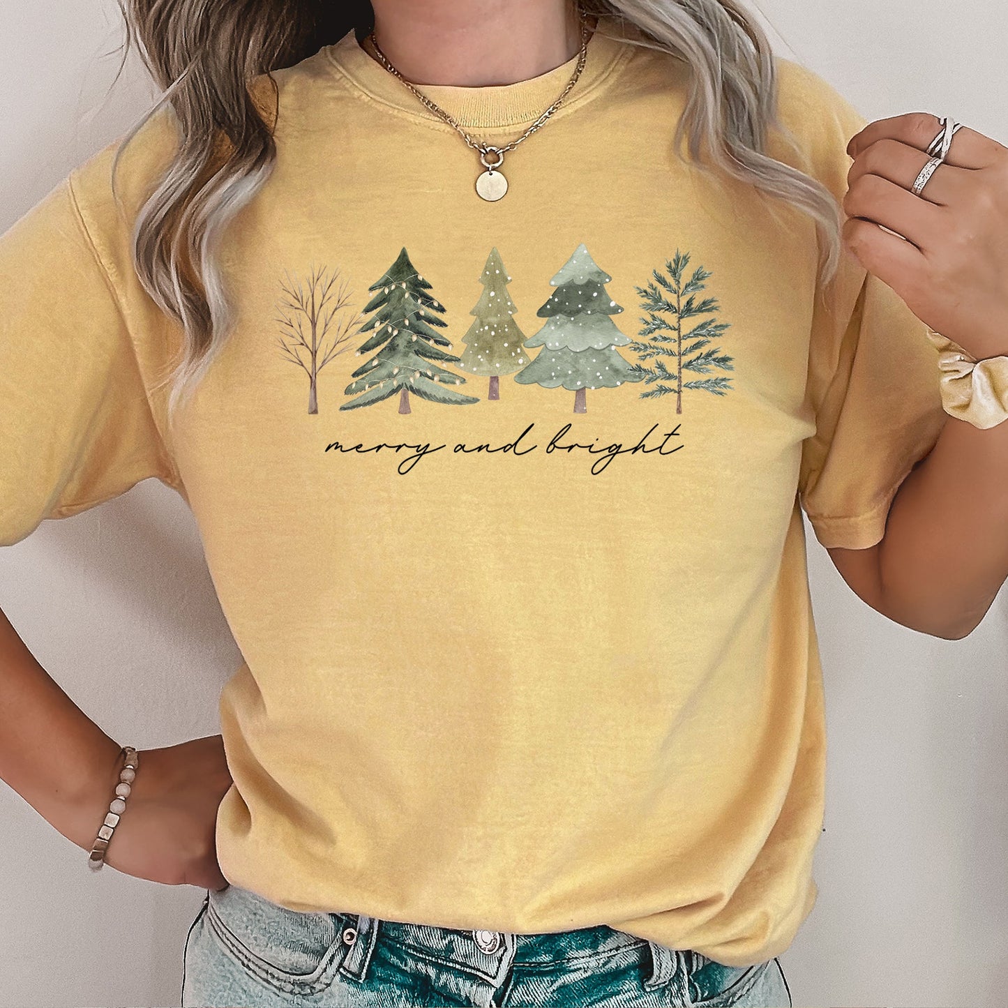 Merry And Bright, Watercolor Trees, Christmas, Comfort Colors, Tshirt