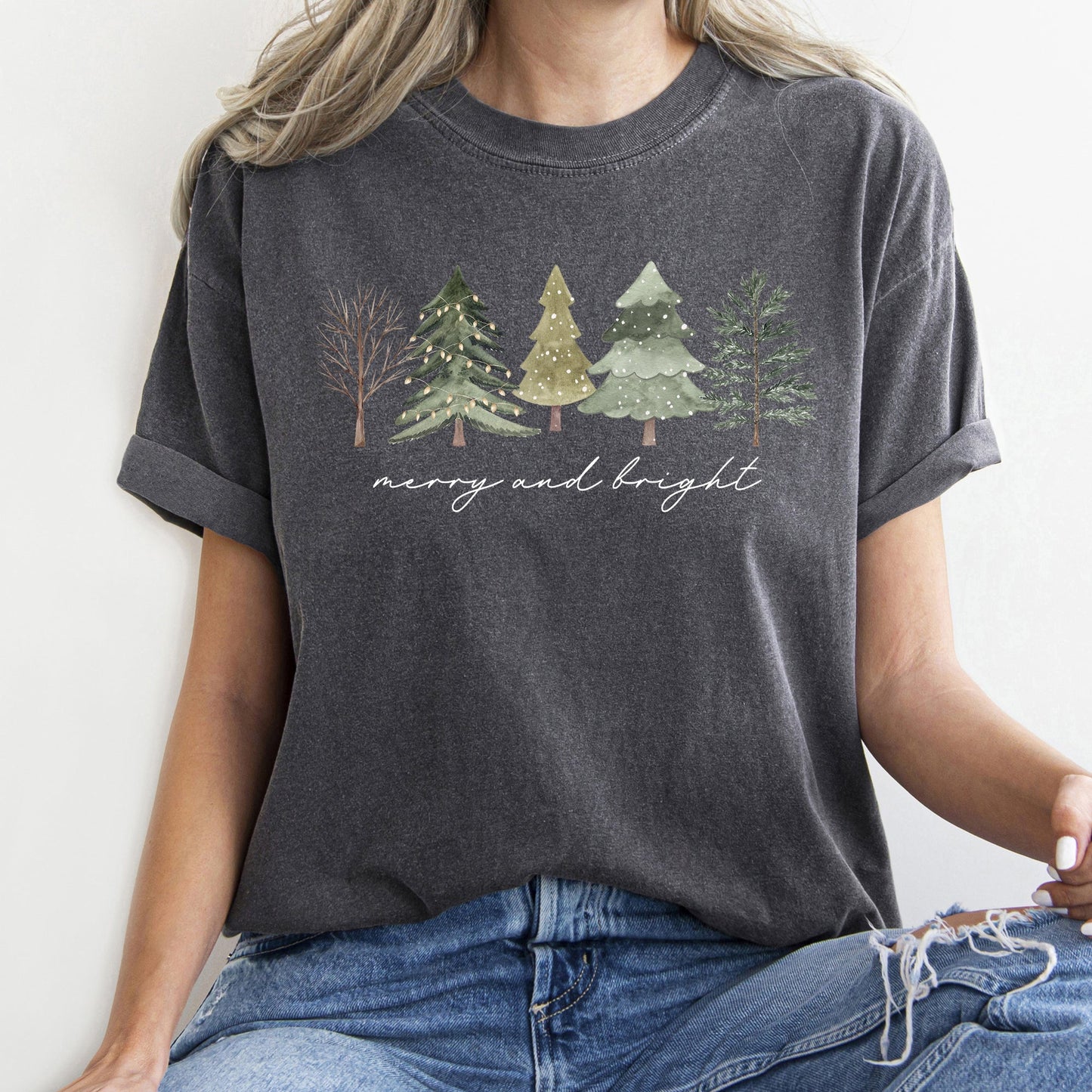 Merry And Bright, Watercolor Trees, Christmas, Comfort Colors, Tshirt