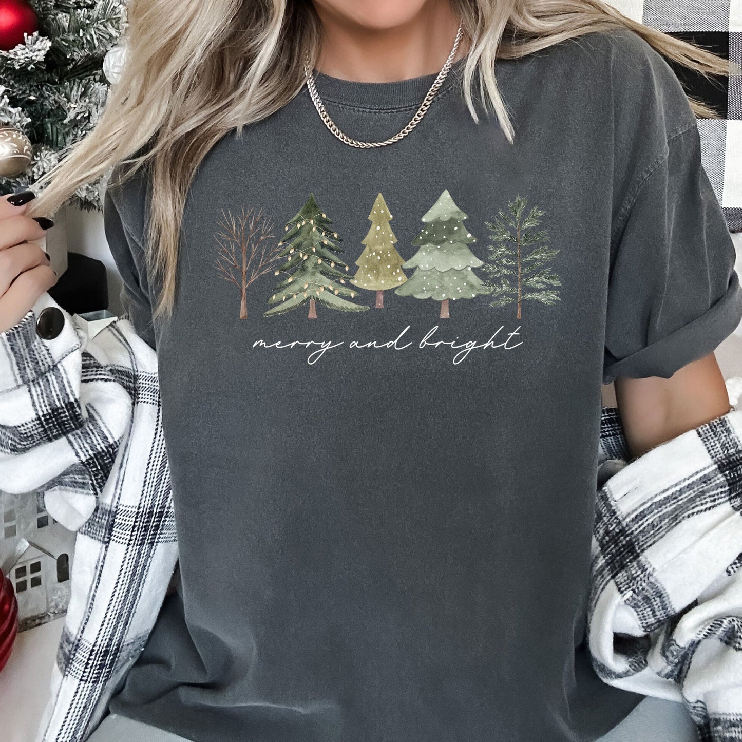 Merry And Bright, Watercolor Trees, Christmas, Comfort Colors, Tshirt