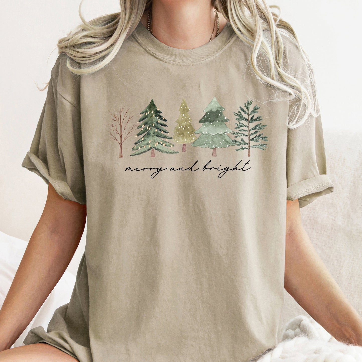 Merry And Bright, Watercolor Trees, Christmas, Comfort Colors, Tshirt