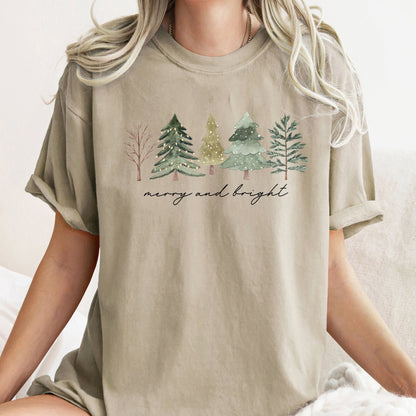 Merry And Bright, Watercolor Trees, Christmas, Comfort Colors, Tshirt