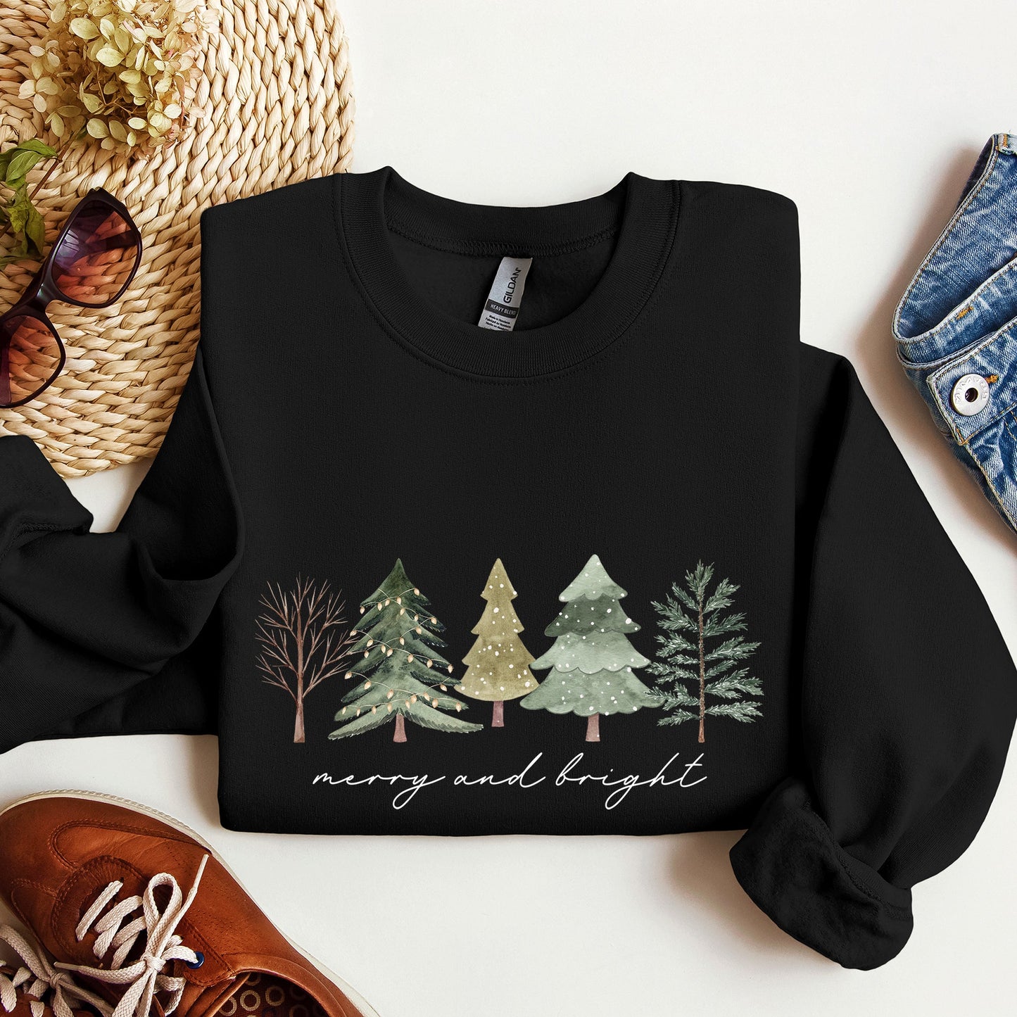 Merry And Bright, Watercolor Trees, Christmas Sweatshirt
