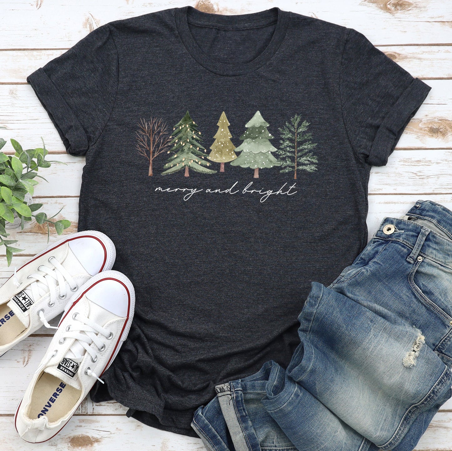 Merry And Bright, Watercolor Trees, Christmas Super Soft Tees