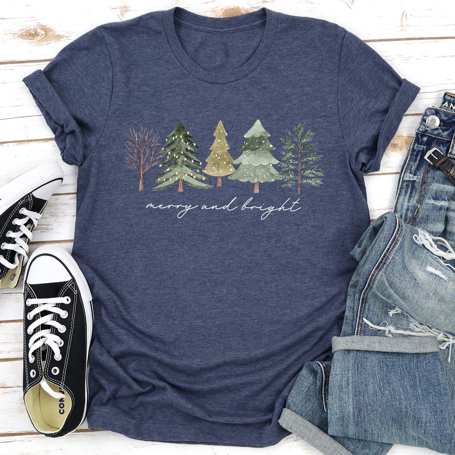 Merry And Bright, Watercolor Trees, Christmas Super Soft Tees