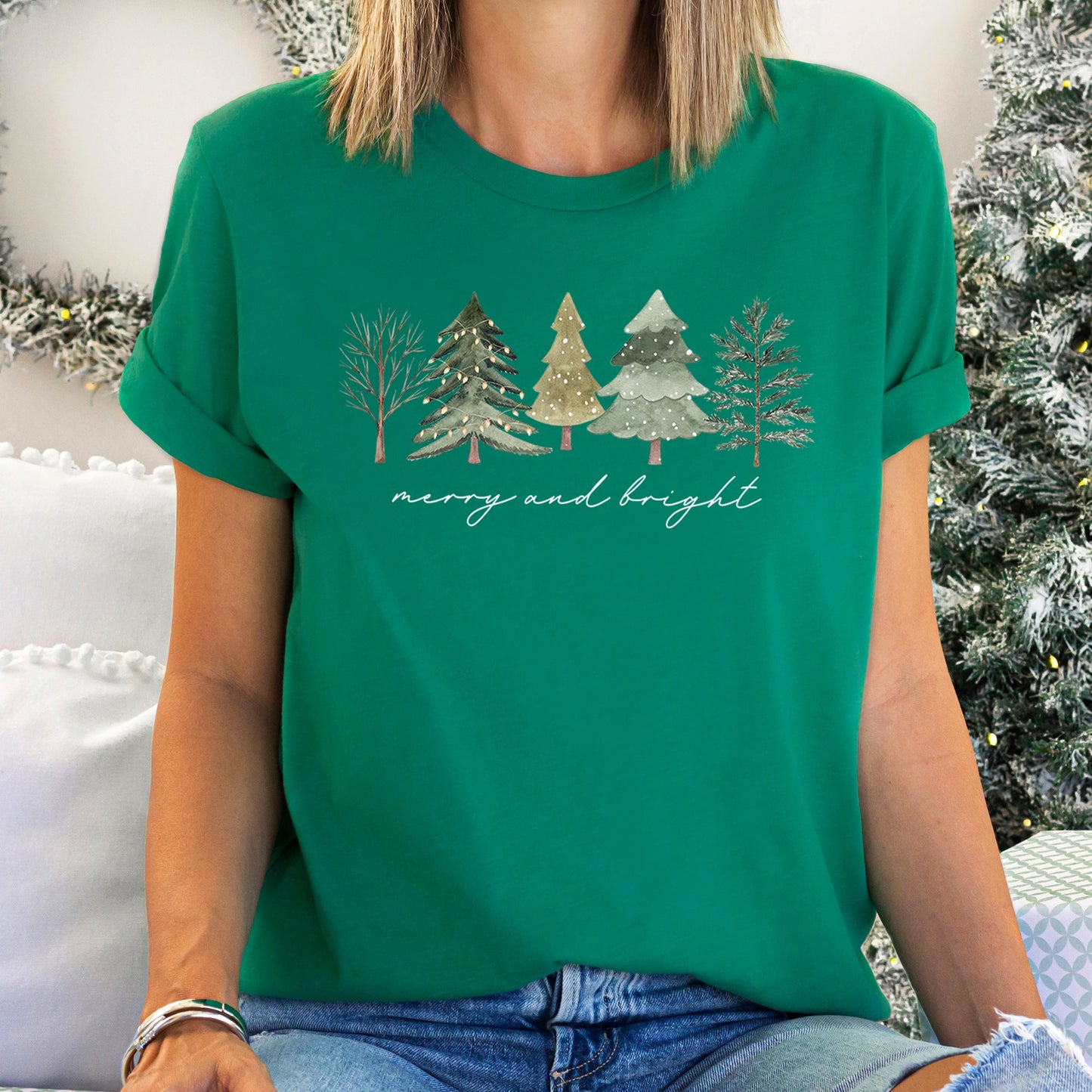 Merry And Bright, Watercolor Trees, Christmas Super Soft Tees