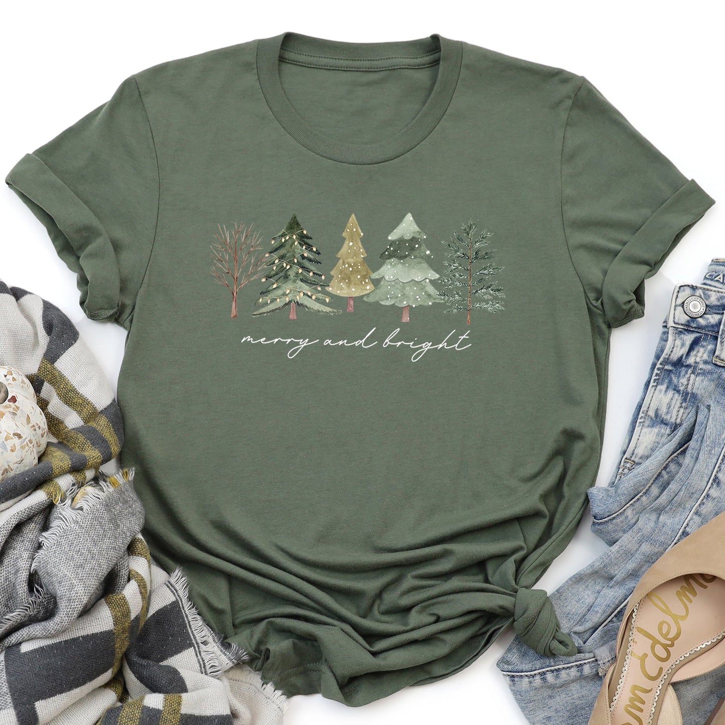 Merry And Bright, Watercolor Trees, Christmas Super Soft Tees