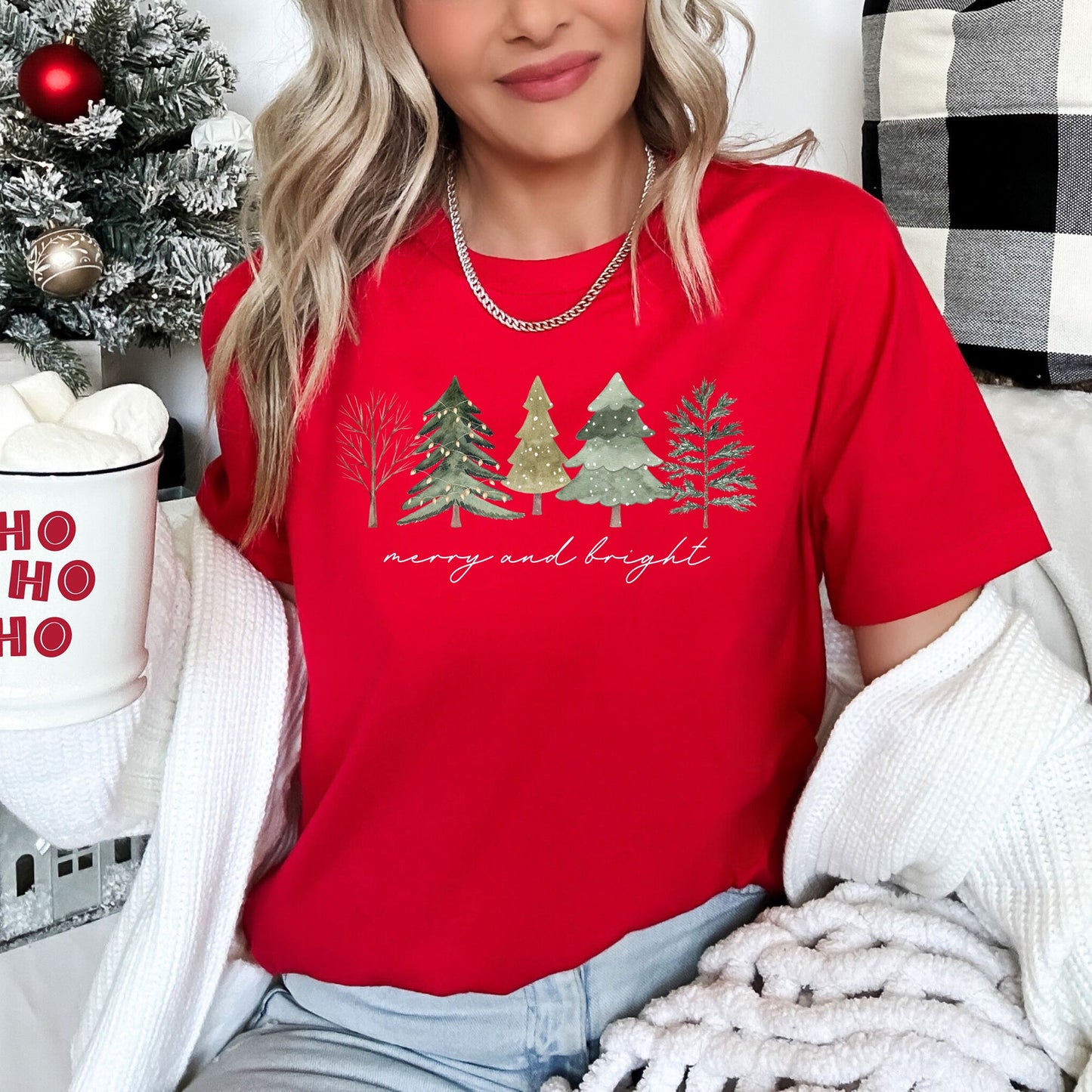 Merry And Bright, Watercolor Trees, Christmas Super Soft Tees