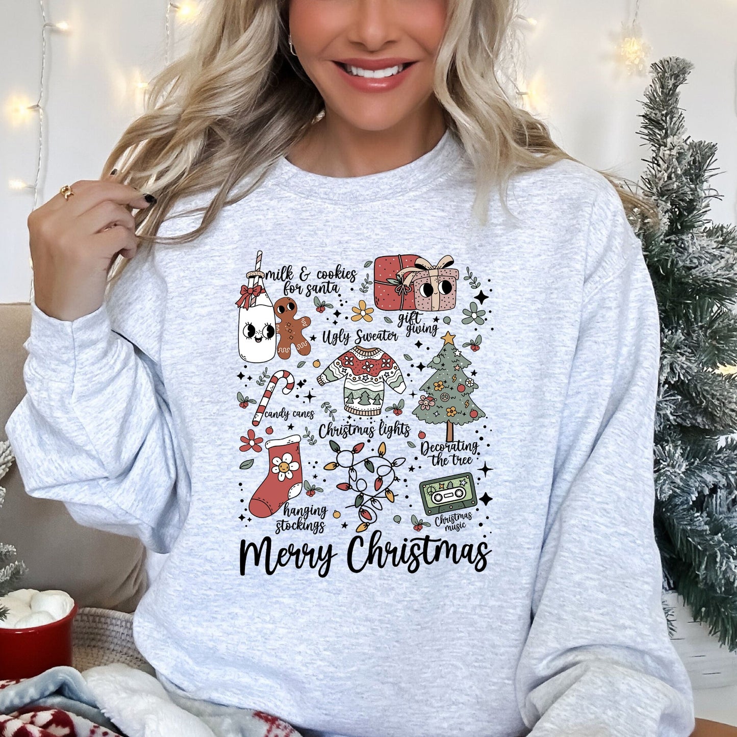 Merry Christmas Doodles, Cute, Santa, Stockings, Tree, Retro Sweatshirt