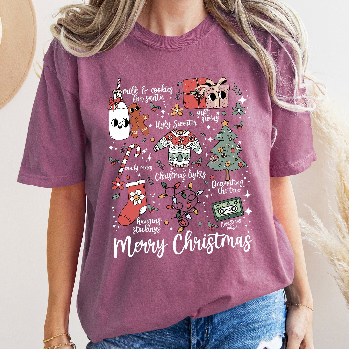Merry Christmas Doodles, Cute, Santa, Stockings, Tree, Retro, Comfort Colors Tshirt