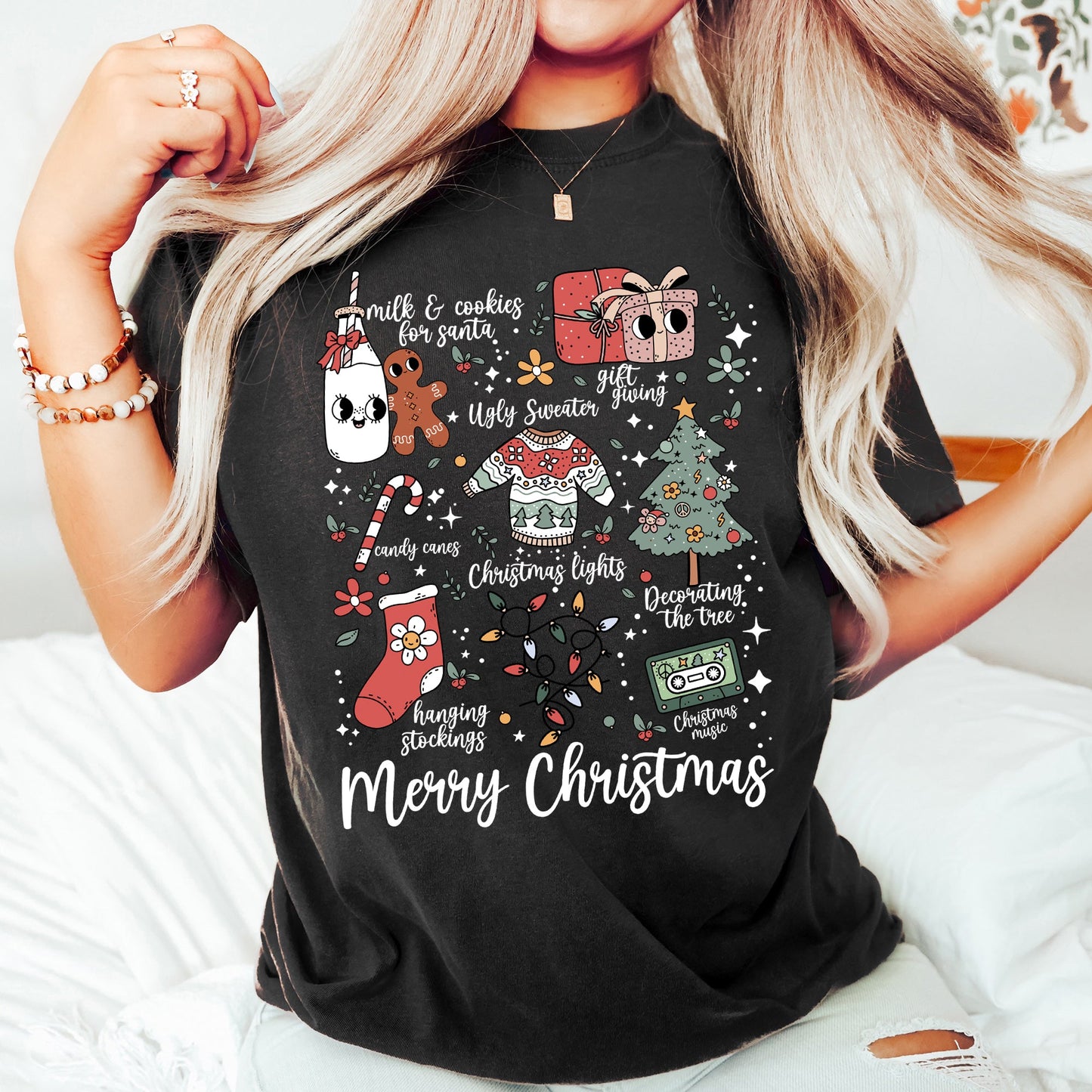 Merry Christmas Doodles, Cute, Santa, Stockings, Tree, Retro, Comfort Colors Tshirt