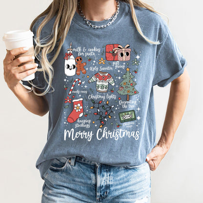 Merry Christmas Doodles, Cute, Santa, Stockings, Tree, Retro, Comfort Colors Tshirt