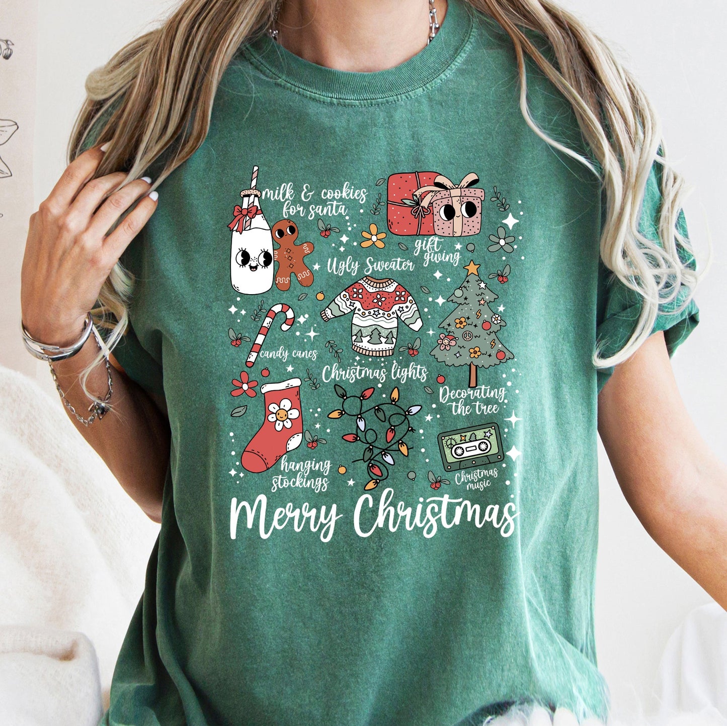 Merry Christmas Doodles, Cute, Santa, Stockings, Tree, Retro, Comfort Colors Tshirt