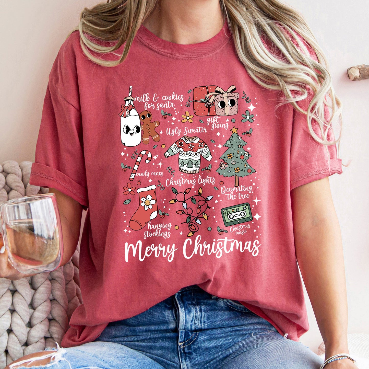 Merry Christmas Doodles, Cute, Santa, Stockings, Tree, Retro, Comfort Colors Tshirt
