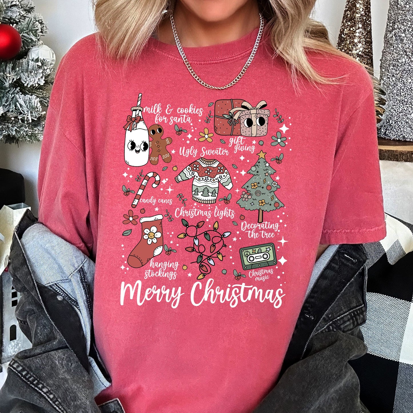 Merry Christmas Doodles, Cute, Santa, Stockings, Tree, Retro, Comfort Colors Tshirt