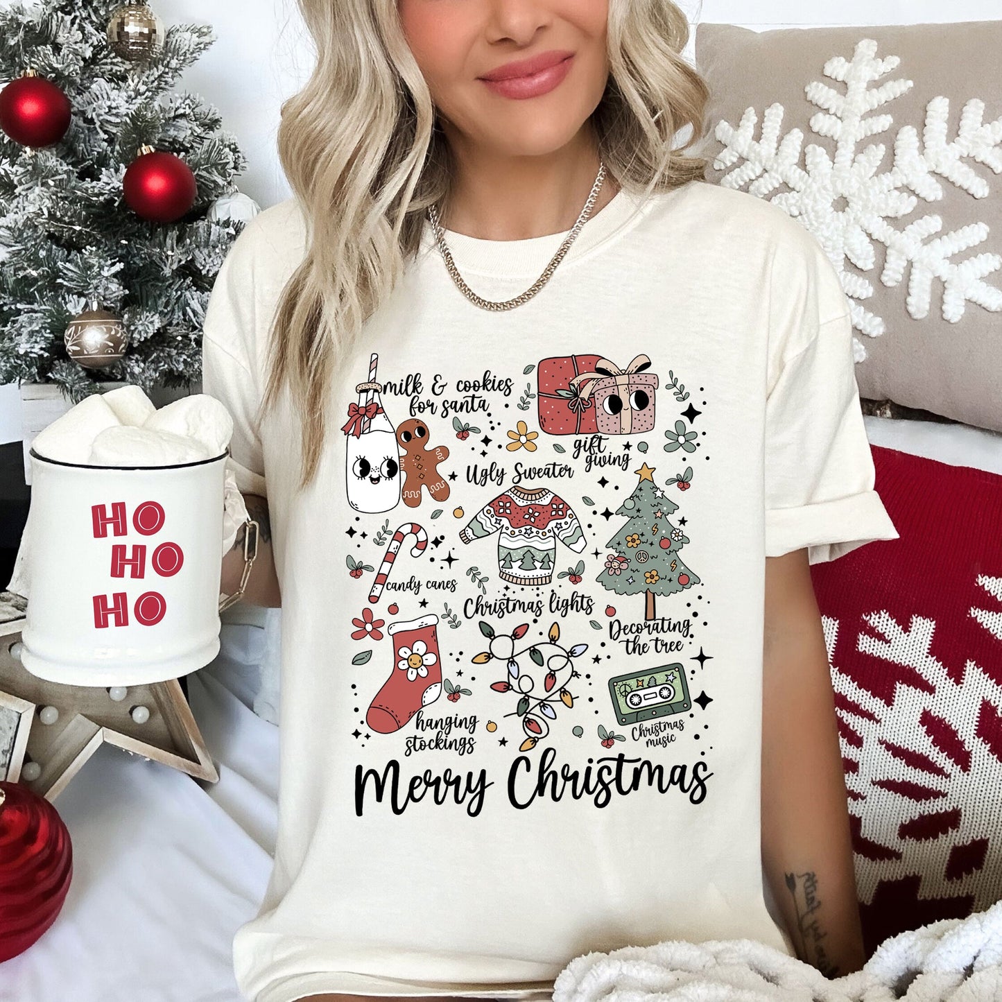 Merry Christmas Doodles, Cute, Santa, Stockings, Tree, Retro, Comfort Colors Tshirt