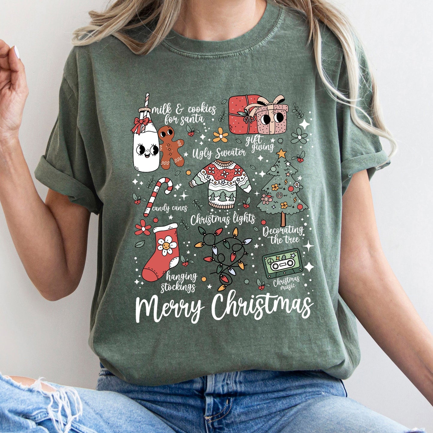 Merry Christmas Doodles, Cute, Santa, Stockings, Tree, Retro, Comfort Colors Tshirt