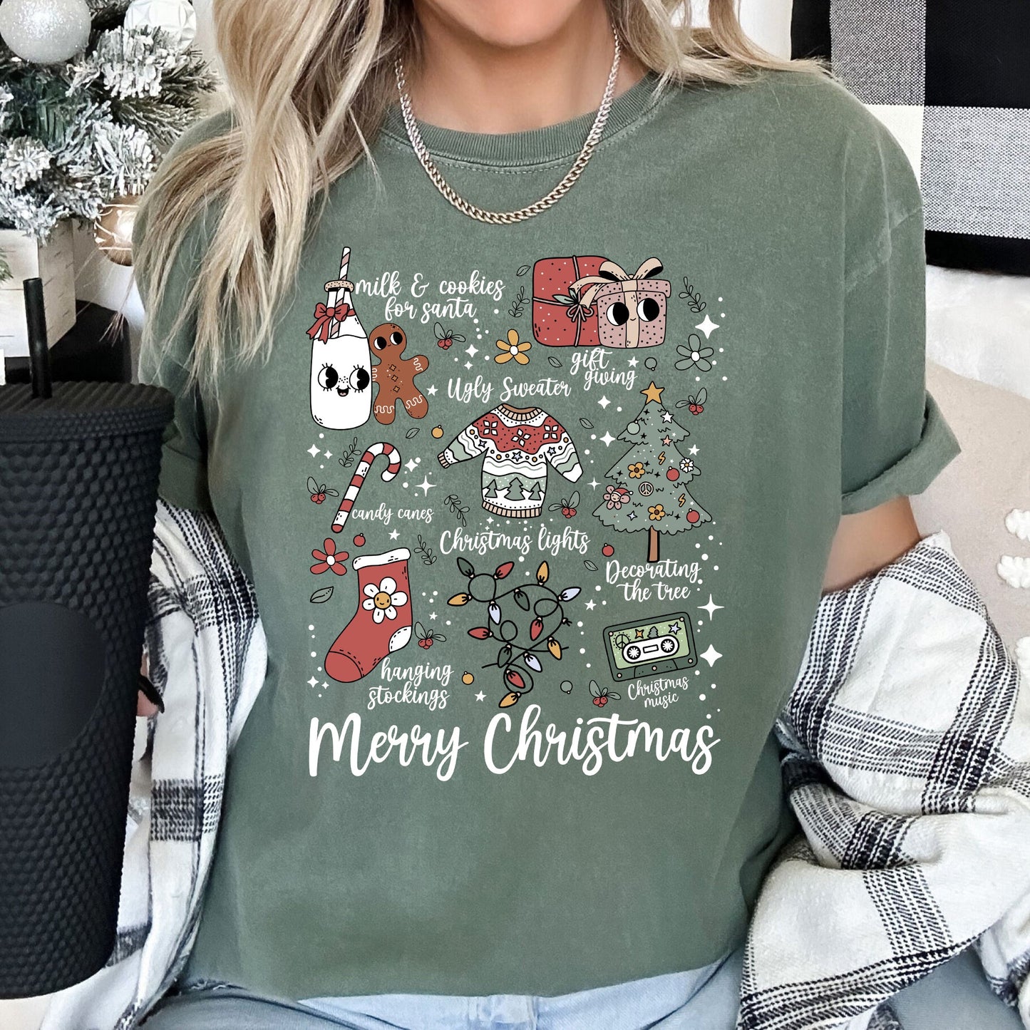 Merry Christmas Doodles, Cute, Santa, Stockings, Tree, Retro, Comfort Colors Tshirt