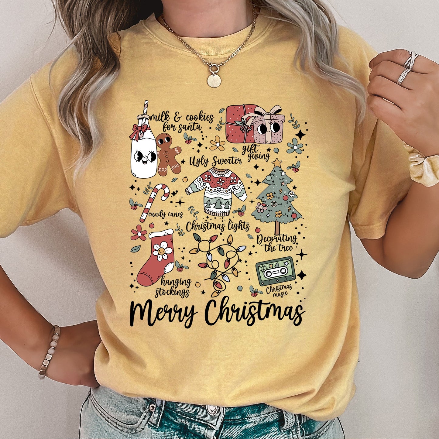 Merry Christmas Doodles, Cute, Santa, Stockings, Tree, Retro, Comfort Colors Tshirt