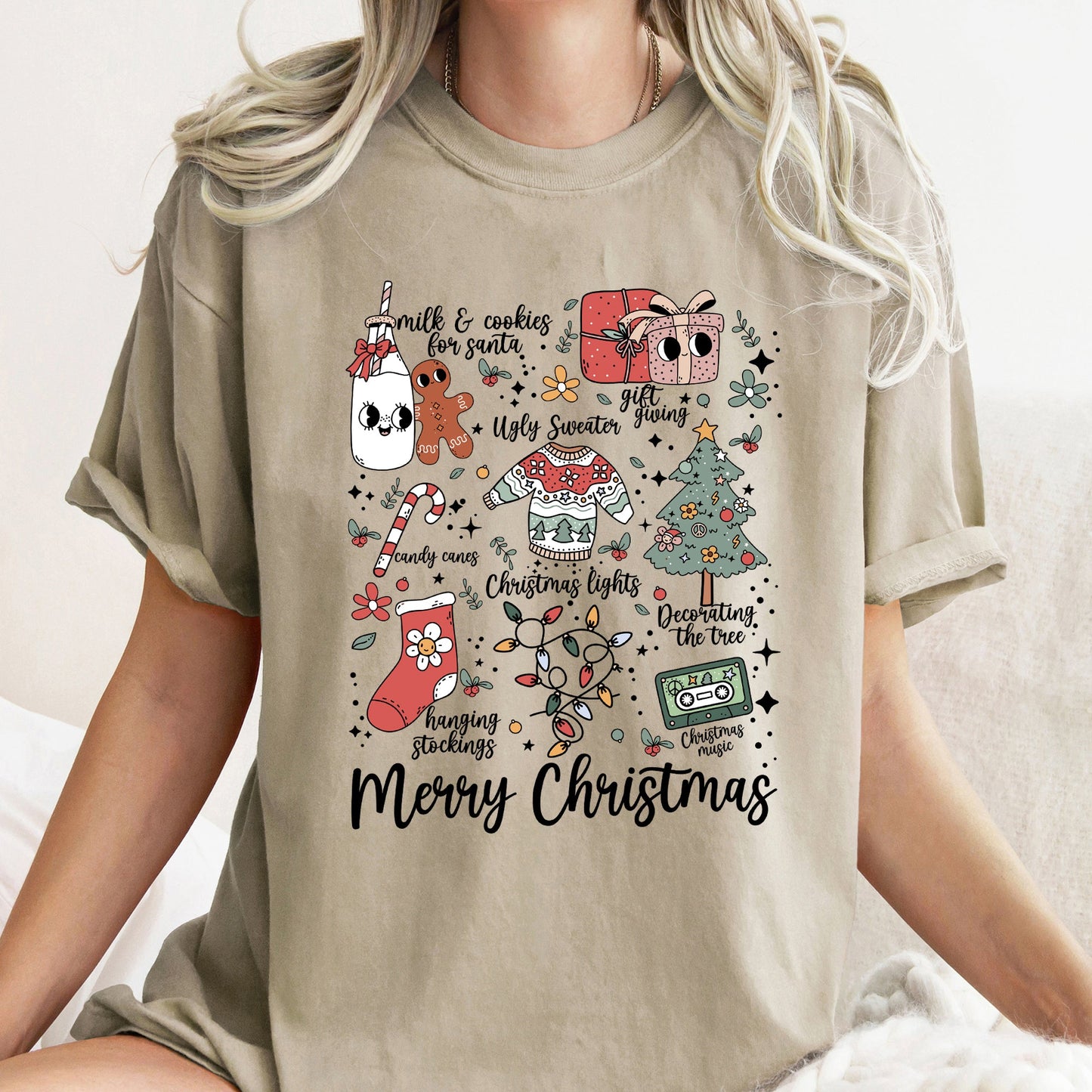 Merry Christmas Doodles, Cute, Santa, Stockings, Tree, Retro, Comfort Colors Tshirt
