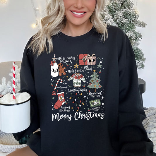 Merry Christmas Doodles, Cute, Santa, Stockings, Tree, Retro Sweatshirt
