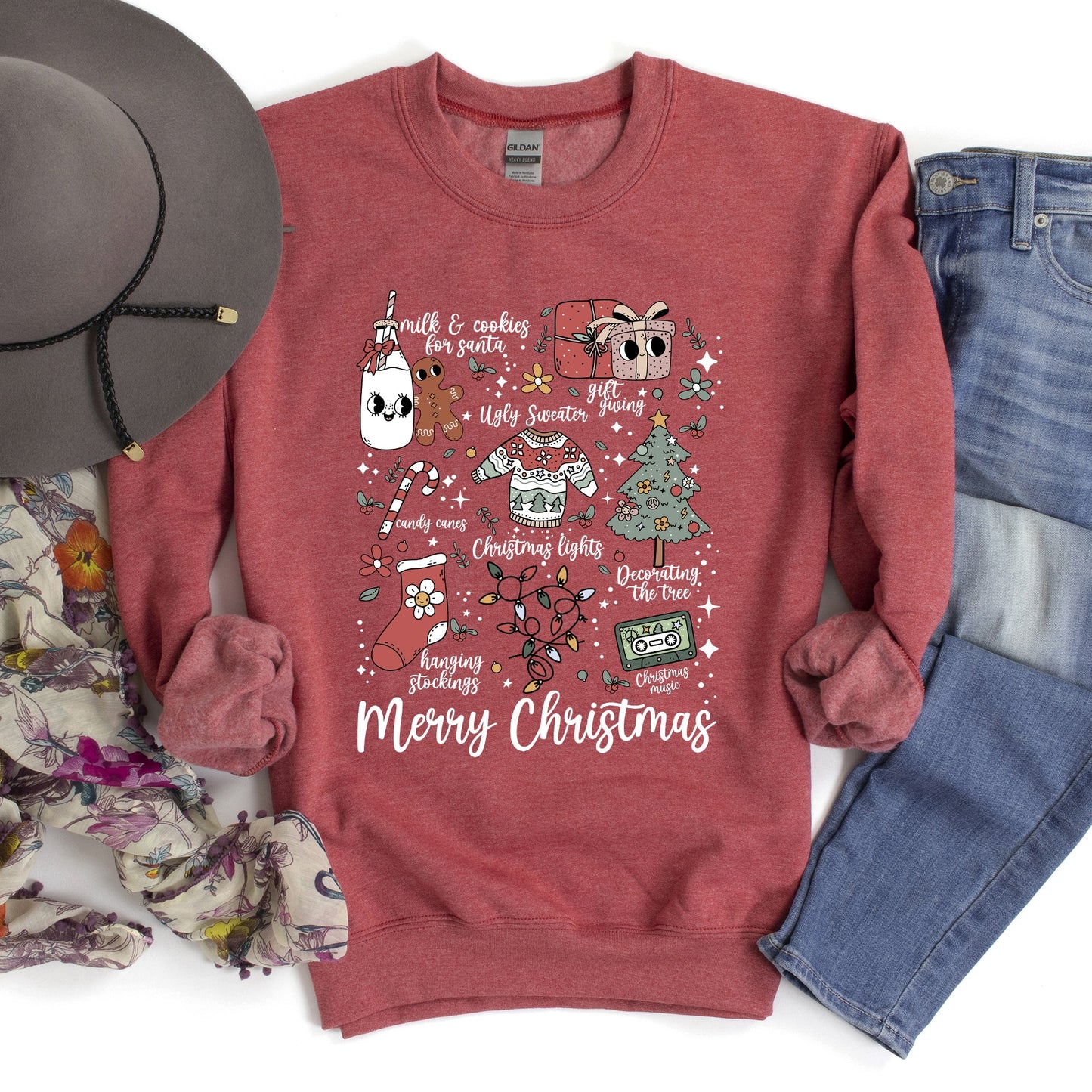 Merry Christmas Doodles, Cute, Santa, Stockings, Tree, Retro Sweatshirt