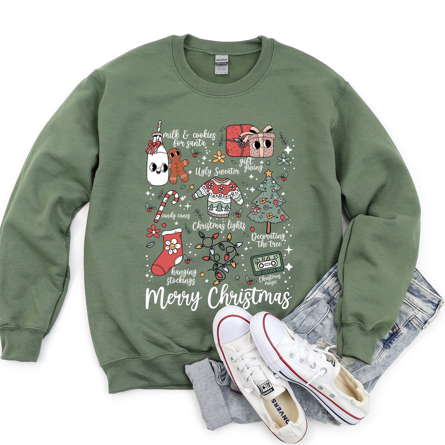 Merry Christmas Doodles, Cute, Santa, Stockings, Tree, Retro Sweatshirt