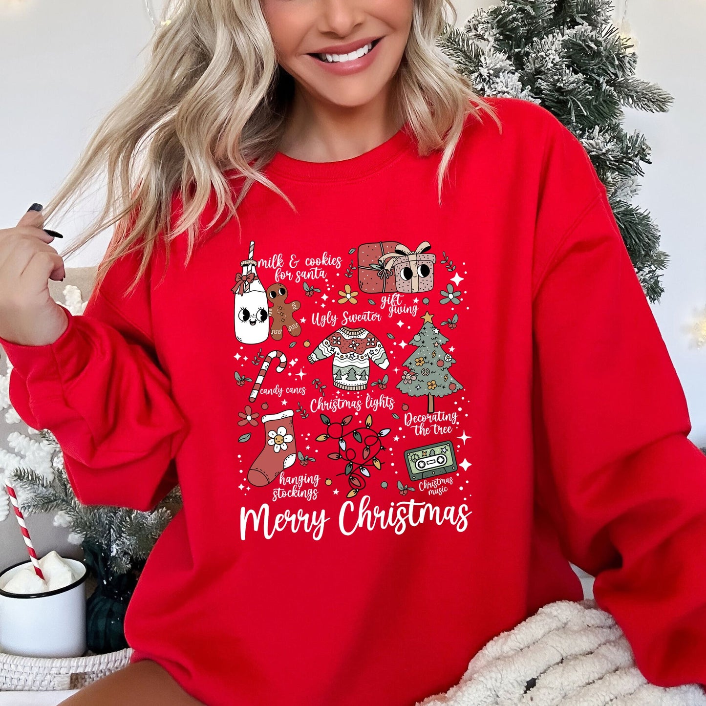 Merry Christmas Doodles, Cute, Santa, Stockings, Tree, Retro Sweatshirt