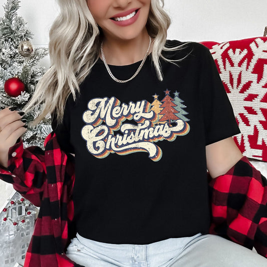 Merry Christmas Retro, Trees, Stacked Lettering, Classic Design Super Soft Tees