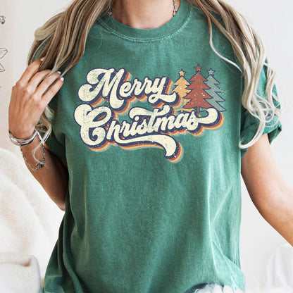 Merry Christmas Retro, Trees, Stacked Lettering, Classic Design, Comfort Colors Tshirt
