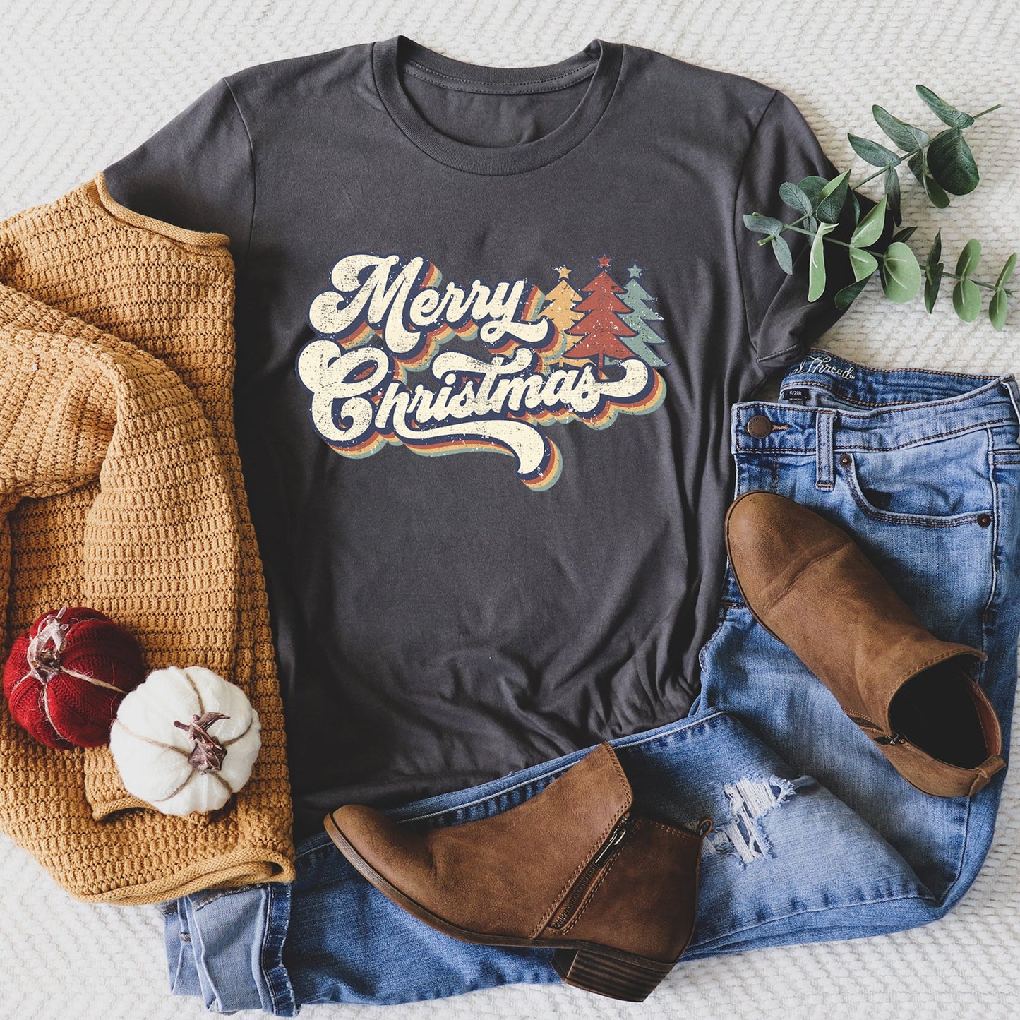 Merry Christmas Retro, Trees, Stacked Lettering, Classic Design Super Soft Tees