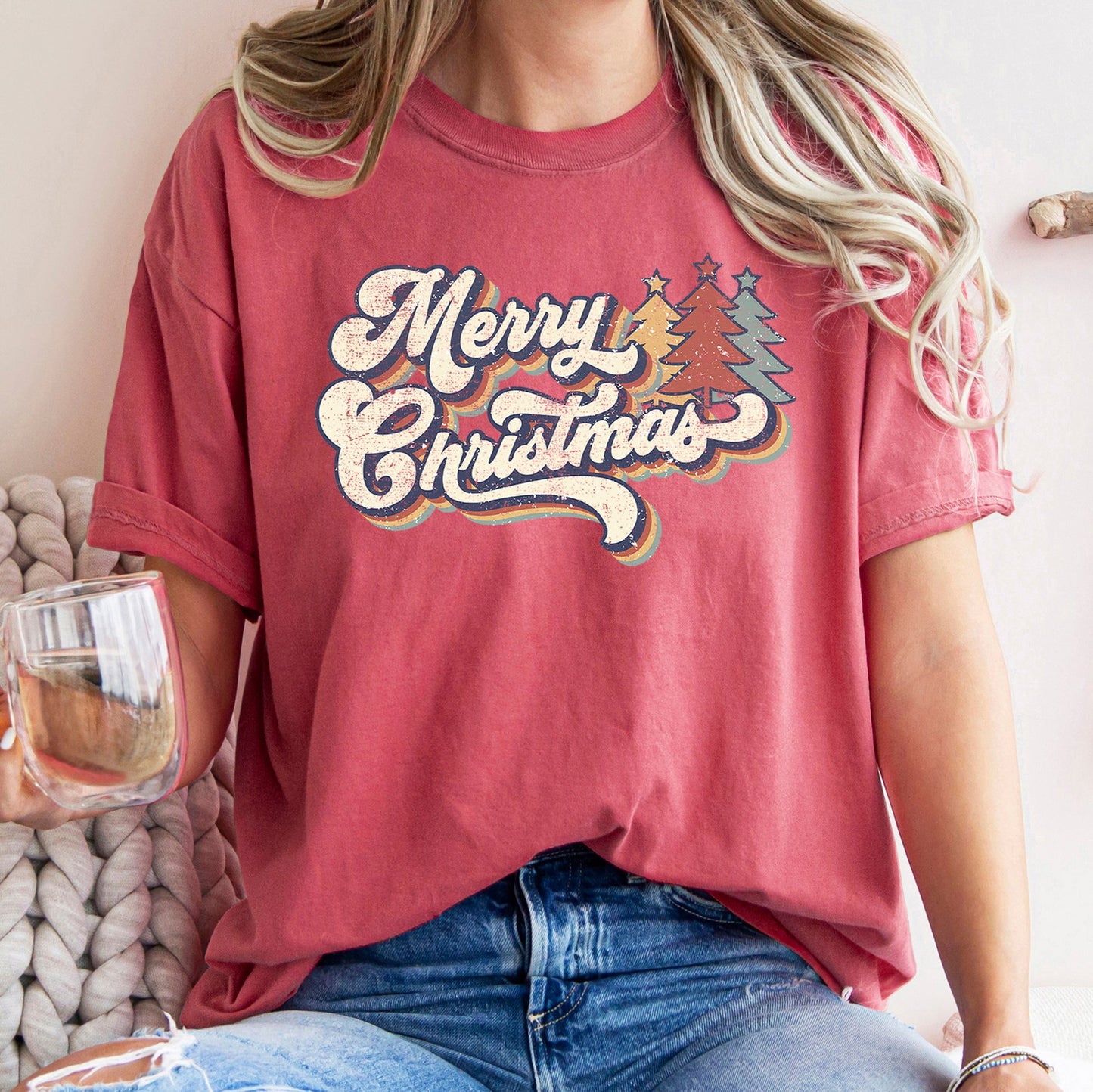 Merry Christmas Retro, Trees, Stacked Lettering, Classic Design, Comfort Colors Tshirt