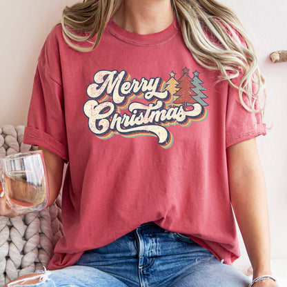 Merry Christmas Retro, Trees, Stacked Lettering, Classic Design, Comfort Colors Tshirt
